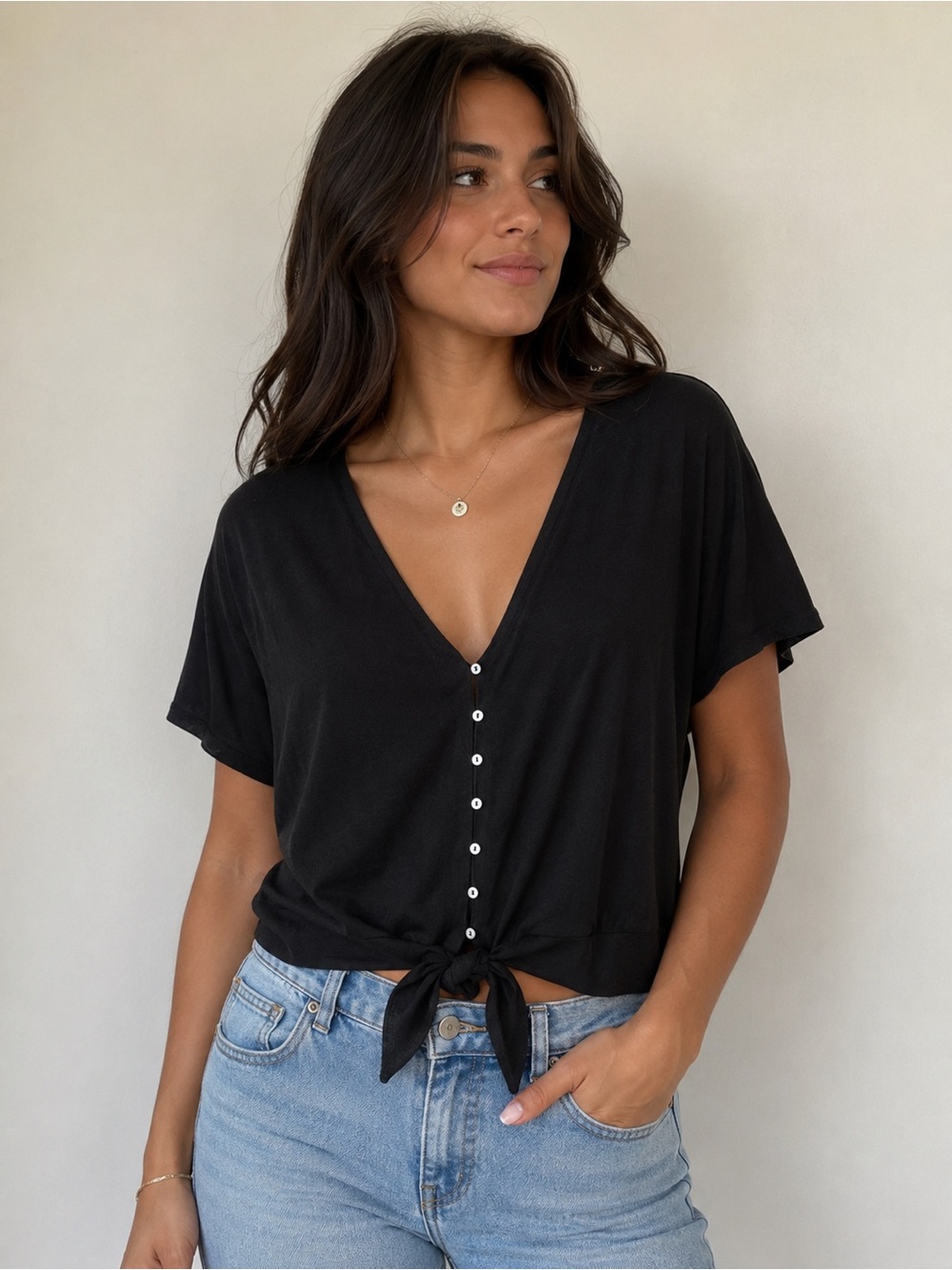 Dynamite Black Button-Front Tie Hem V-Neck Top Size S